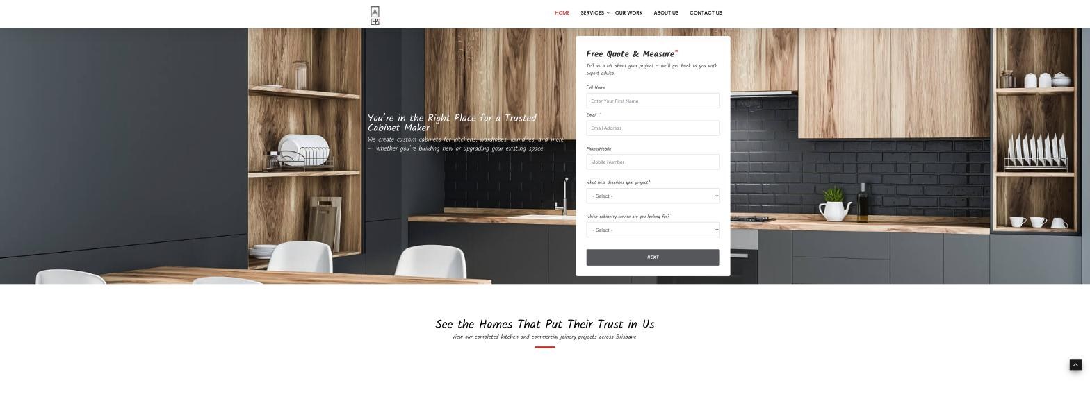 EB Cabinetry website, desktop view