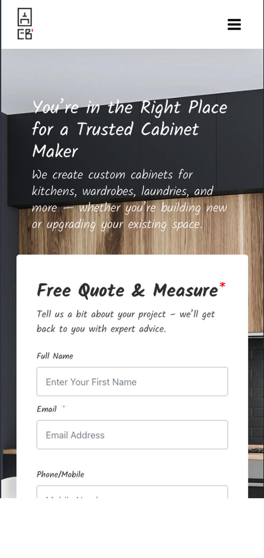 EB Cabinetry website, mobile view
