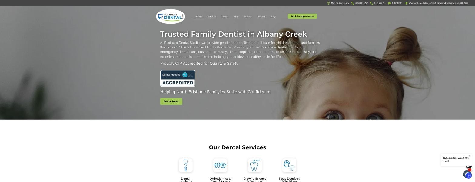 Platinum Dental Studio website, desktop view